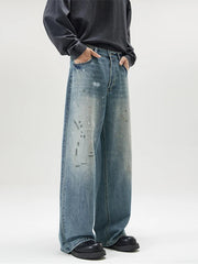 Men's Fashion Paint Spots Baggy Straight Jeans Vintage Ice Blue Denim Pants High Street Hip Hop Trousers Mens Designer Clothes voguable