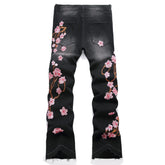 Voguable Men's high-street ripped jeans with floral embroidery patchwork, trendy street-style distressed flared jeans voguable