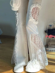 Voguable Japan Patchwork Lace Women Pants High Waist Mesh Summer White Designed Hollow Out Female Flare trousers voguable