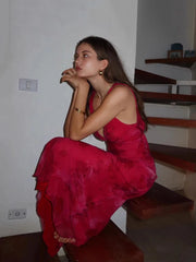 RORORIRI Elegant V-neck Rose Print Long Dress Women Bandage Draped Maxi Sleeveless Tank Dress Evening Party Vintage Clothing voguable