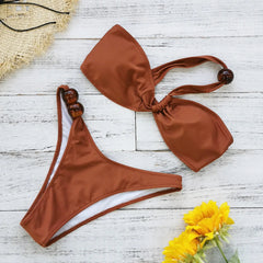 Voguable Sexy One Shoulder Bikinis Sets Women Coffee Pleate Push Up Micro Swimsuit Summer Bathing Suit Bead String Thong Swimwear voguable