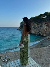 Women's Green Sequin Backless Sling Dress Sexy Sleeveless Off Shoulder Slim Vestidos Elegant Female Evening Party Long Robes voguable