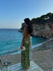 Women's Green Sequin Backless Sling Dress Sexy Sleeveless Off Shoulder Slim Vestidos Elegant Female Evening Party Long Robes voguable