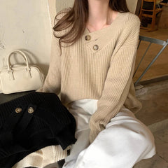 V-neck Knit Pullover Women Slouchy Long Sleeve Drop Shoulder Sweater with Buttoned Strap Cozy Knitwear Autumn Winter Chic Outfit voguable