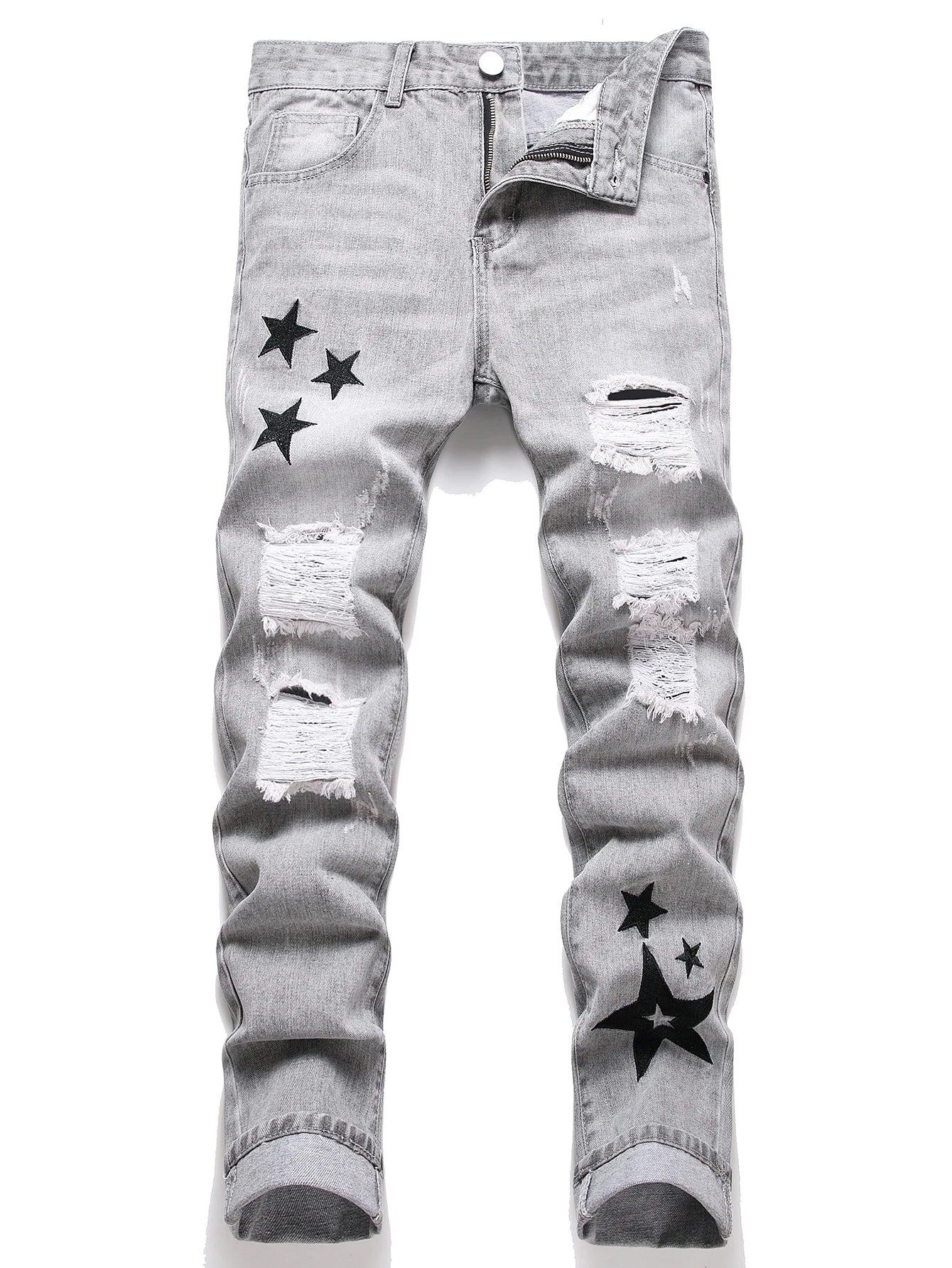Voguable Y2K Men's Jeans - Fashionable Gray Mid-Rise Straight-Leg, Ripped Embroidered Vintage Washed Street Denim voguable