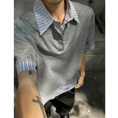 Men Striped Polo Shirt Slim Fit Fake Two Piece Tshirt Summer 2025 Fashion Trendy Mens Breathable Casual Turn Down Collar Tops voguable