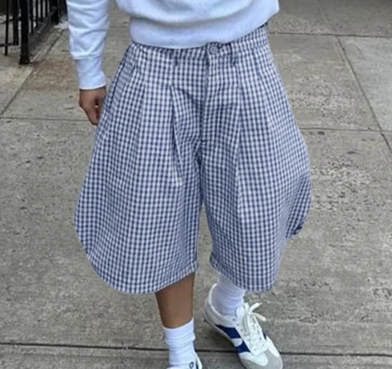 Summer Men Shorts Plaid Button Joggers Leisure Men Bottoms Streetwear 2025 Loose Oversize Fashion Casual Male Shorts voguable