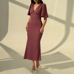 Dresses Summer French Elegant Decent Fashion 2025 Plain Sexy Short Sleeve V-Neck Midi Vacation Long Dresses voguable