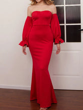 Voguable Modern Evening Dress Strapless Lantern Sleeves Women's Evening Gowns Fish Tail Wrapped Hip Style Simple Formal Party Dresses voguable
