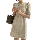 Voguable French Retro Bubble Sleeves Small Fragrance Style Women Dress Spring Fashion Style High Waist Women's Short Sleeve Dress voguable