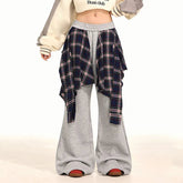 American Trend Plaid Patchwork Skirt Hem Sweatpants Autumn Women Elastic High Waist Fashion Loose Wide Leg Floor Length Trouser voguable