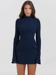 Elegant Dark Blue Solid High Waist Mini Dress Women Fashion Pocket decora Long Sleeve Bodycon Dresses Chic Party Club Robes voguable