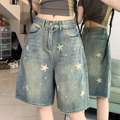 Y2K Star Printed Denim Shorts Women Fashion High Waist Wash Knee Length Jeans Bf Summer Streetwear Loose Wide Leg Pants voguable
