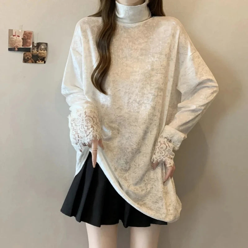 Korean Fashion Lace Women Clothing Turtleneck T-Shirts Bottoming Vintage Female Spring Autumn New Loose Casual Long Sleeve Tops voguable