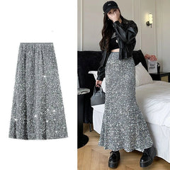 New Pleuche Sequined Spring Autumn Woman Clothing Elastic Waist Skirt High Waist Fashion Nightclub Girl Y2K Vintage Midi Skirts voguable