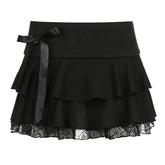 Voguable Dark Academia Lace A-line Mini Skirt Black Low Waisted Bow Stitching Short Skirts Y2K Gothic Cute Bottoms Streetwear voguable