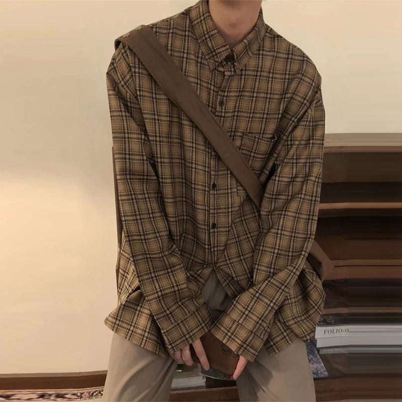 Men's Leisure High Street Check Shirts Japanese Cardigan Fashion Retro Long Sleeve Casual High Quality Tops Spring 2025 New voguable