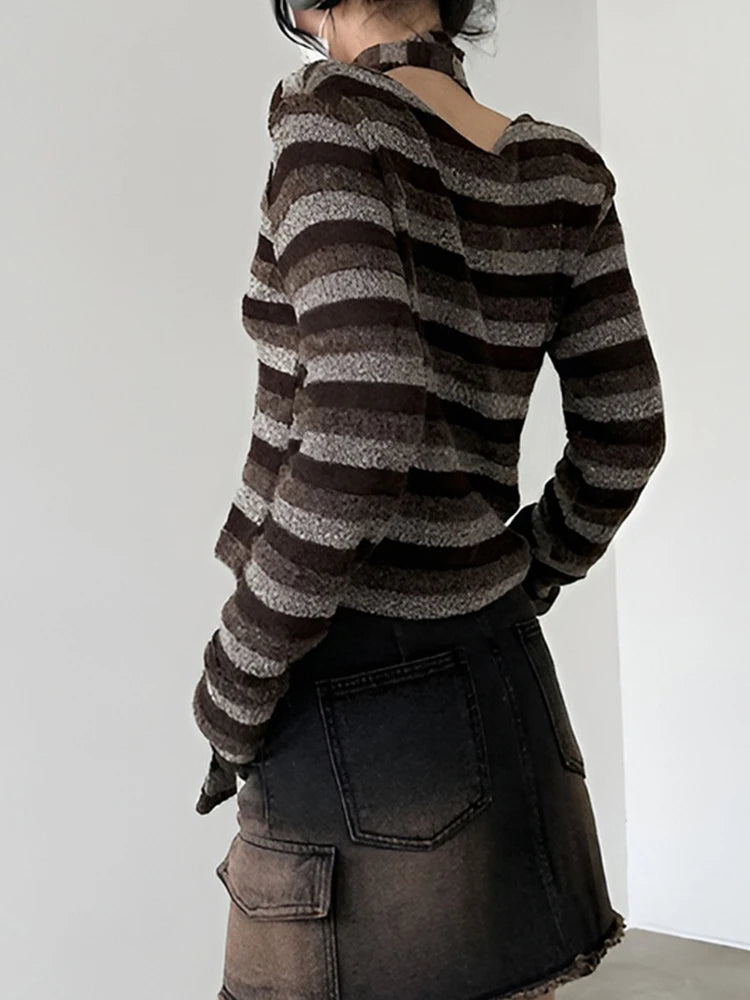 Casual Furry Striped T Shirt With Scarf Autumn Winter Y2K Slim O-Neck Long Sleeve Tees Cardigans Women Streetwear voguable
