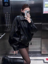 Black Pu Leather Coats Women Y2K Fashion Streetwear Loose Motorcycle Jacket Autumn American Female Lapel All Match Outwear voguable