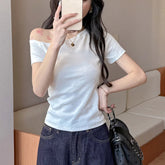 Solid Off Shoulder Short Sleeve T Shirt Simple Basic Sexy Single Sleeved Jumper Top Streetwear Slim Fit Female Y2K Clothes Tees voguable