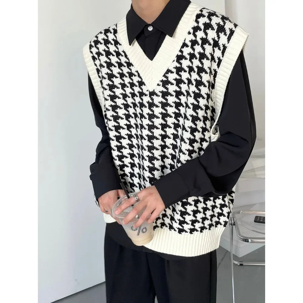 Autumn Men Clothing V-neck Houndstooth Knitted Sweater Vests for Men Korean Fashion Loose Casual Sleeveless Men's Pullover Vest voguable