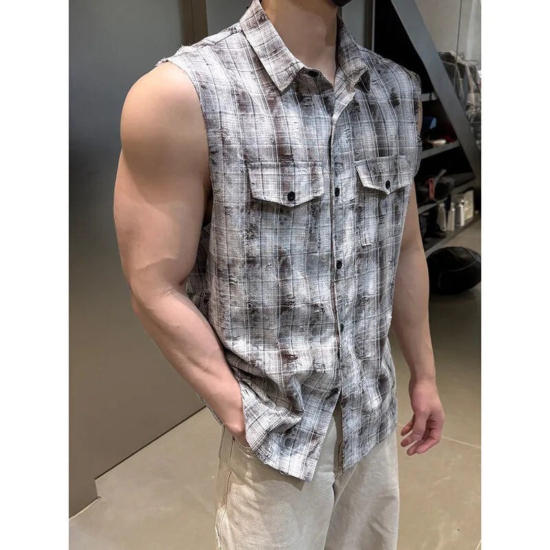Sleeveless shirt men Trendy Men Plaid Shirt 2025 Summer Fashion Checkered Streetwear Hot Sale Breathable Casual Top Comfortable voguable
