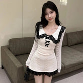 Voguable Fashion Sexy Mini Dress Women Long Sleeve Bow Lace Patchwork Slim Fit Hottie Dresses Autumn Sailor Collar Folds Casual Dress New voguable