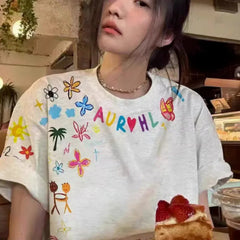 Women's Printing Flowers Tee Summer Sweet O-Neck Cotton High Street Loose Soft T-Shirt Oversize Casual Basic T-shirt Clothing voguable