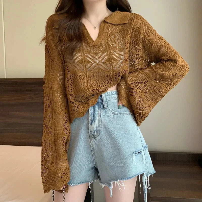 Sexy Hollow Out V Neck T Shirt Women Y2K Summer Thin Sweet Flare Sleeves Lapel Pullover Korean Solid All Match Loose Crop Tees voguable