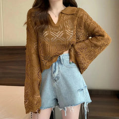 Sexy Hollow Out V Neck T Shirt Women Y2K Summer Thin Sweet Flare Sleeves Lapel Pullover Korean Solid All Match Loose Crop Tees voguable