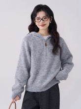 Korean Vintage Gray Sweaters Women Long Sleeve Casual Simple Knitted Hooded Jumper Retro Loose All Match Female Fall Winter Tops voguable