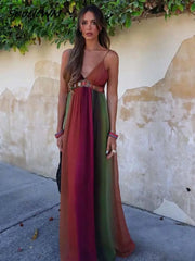 Sexy Backless Slip Long Chiffon Beach Sling Dress For Women Summer Vacation Contrasting V Neck Holiday Beachwear Dresses voguable