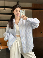 Sweet Casual Women Striped Shirts Loose Long Sleeve Vintage Cotton Linen Sun Proof Blouse Korean Preppy Style Letter Retro Tops voguable