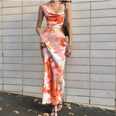 Voguable European and American summer hit tie-dye print sexy back -strap mid-long suspender dress voguable