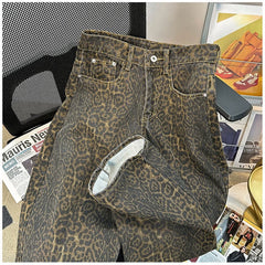 Retro American Leopard Print Jeans for Men High Street Gothic Hiphop Trendy Straight Couple Design Wide Leg Long Pants Y2k fash voguable