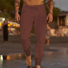 Voguable European and American Cross-border New Men's Solid Color Drawstring Linen Loose Casual Pants voguable