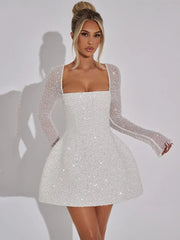 Sequins Long Sleeve Backless Sexy Mini Dress Women Robe Fashion Sparkle Lace-up High Waist A-line Club Dress Vestido voguable