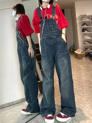 Voguable Women's Vintage Suspender Jumpsuit Wide Leg Pants Young Girl Academic Style Rompers Female Retro Casual Straight Denim Trouser voguable