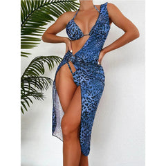 Voguable Sexy Leopard 3-piece Swimsuit Women Sunscreen Mesh Split Bikini Long Beachskirt Triangle Cup Halter Backless Bathing Suit voguable