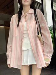 Sweet Casual Women Striped Shirts Loose Long Sleeve Vintage Cotton Linen Sun Proof Blouse Korean Preppy Style Letter Retro Tops voguable