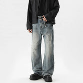 Summer Men's Denim Pants Old Blue Washed Male Jeans Straight fleck Casual Menwear Loose Wide Leg Trousers New Fashion