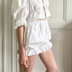 White Bloomers Ruffle Hem Bottoms Women Solid Color Elastic High Waist Panties Coquette Clothing y2k Victorian Shorts voguable
