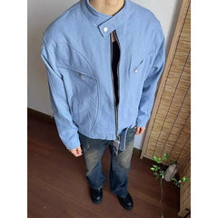 Punk Spliced Jacket High-end Blue Short Work Cargo Coat Men's Handsome Trendy Solid Color Zipper Jacket All-match Top voguable