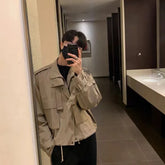 Autumn Khaki Short Workwear Jackets for Men 2024 Korean Fashion Handsome Fake Two-piece Lapel Japanese Retro Men Jacket Coat voguable