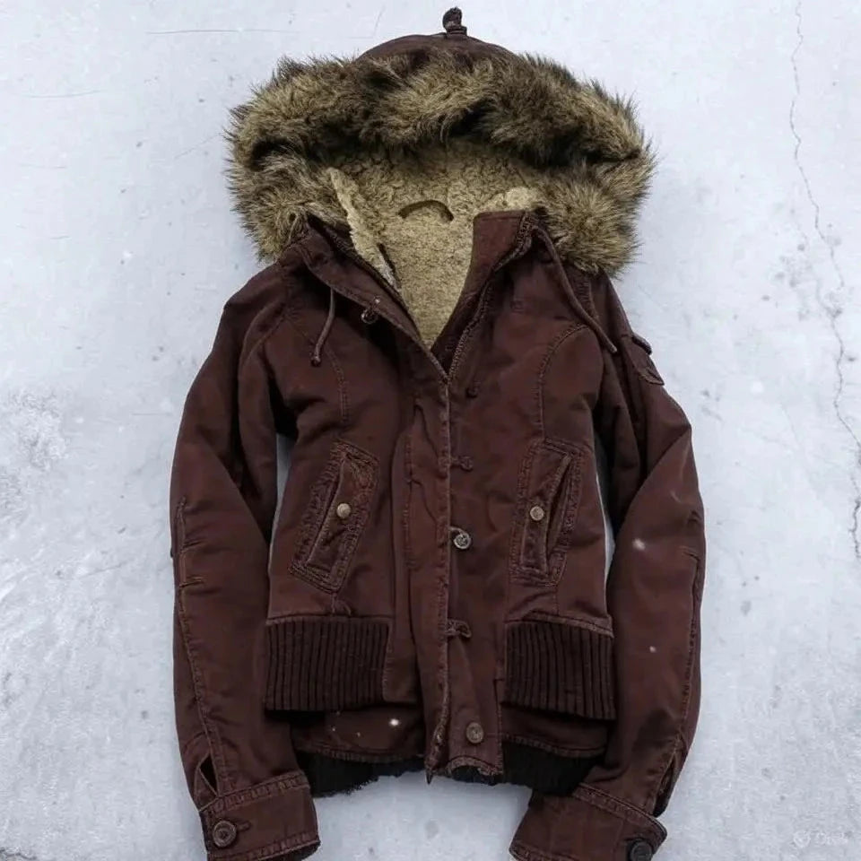 American Vintage Y2K Fur Lined Bomber Jacket Womens Brown Hooded Coat with Faux Fur Trim and Ribbed Cuffs Fashionable and Casual voguable