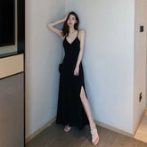 Women V Neck Camis Dress Summer Sexy Backless High Waist Side Split Midi Dress Female Korean Slim Spaghetti Straps A Line Dress voguable