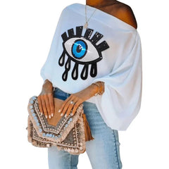 Female Fashion Causal Blue Eye Applique Solid Color Cool Shoulder T-Shirts Summer Loose Puff Sleeves White Tops For Women voguable