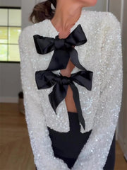 Fashion Holiday Tie-front Sequined Jacket For Women Y2K Shiny Chic Cropped Coat Female Elegant Long Sleeve Lady Party Outerwear voguable