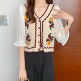 Voguable New V-neck Embroidered Short Sleeves Women's Short Top Knitted Cardigan Thin voguable