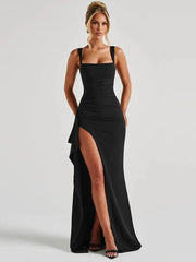 Black Backless Sexy Maxi Dress For Women Gown Spaghetti Strap Sleeveless Thigh High Split Club Evening Long Dress voguable